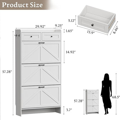 Shoe Storage Cabinet for Entryway, Farmhouse Narrow Shoe Cabinet with 3 Flip Drawers & 2 Top Drawers, Adjustable Shelves & Hooks, Freestanding Hidden Rack Organizer for Hallway, Foyer