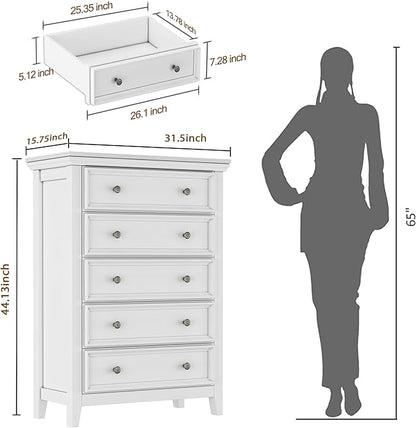 White Dresser for Bedroom,5 Chest of Drawers Dresser,Tall Nightstand Modern Clothes Organizer Cabinet Dressers for Bedroom,Closets,Hallway