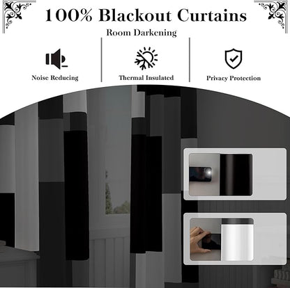 Black Grey Short Blackout Curtains 45 inch Length 2 Panels Set White Grey Modern Abstract Geometric Drapes for Kitchen Black Out Curtains Insulated Room Darkening Small Window Curtains, 42Wx45L