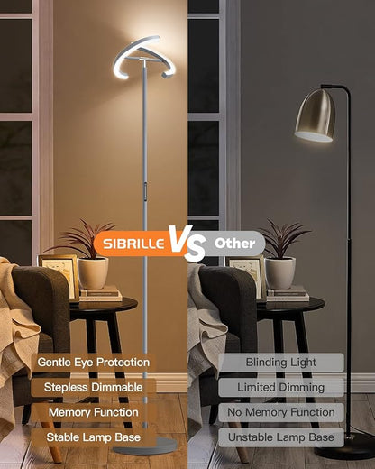 Silver Floor Lamps for Living Room, Stepless Dimmable Standing Lamp with Touch Remote Control, 22W Rotatable LED Floor Light Tall Uplighter for Bedroom Office, 69'' Modern Room Light