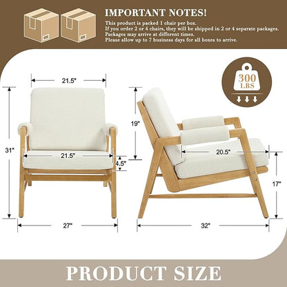 HEAH-YO Modern Accent Chair Set of 2, Upholstered Linen Fabric Living Room Chair with Wooden Frame, Comfy Armchair with Thick Cushion for Bedroom Balcony, Beige