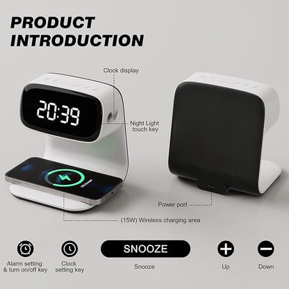 Digital Alarm Clock with Wireless Fast Charging Station 15W Touch Smart Lamp for Bedside,3 Colors Nightlight Adjustment Night Lamp for Living Room,Bedside,Heavy Sleepers (White+Cable&Adapter)