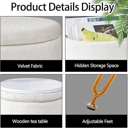 Cpintltr Velvet Storage Ottoman Round Footrest Stool Multifunctional Upholstered Ottoman Modern Accent Vanity Stools Tray Top Coffee Table Suitable for Living Room Bedroom Entryway Cream