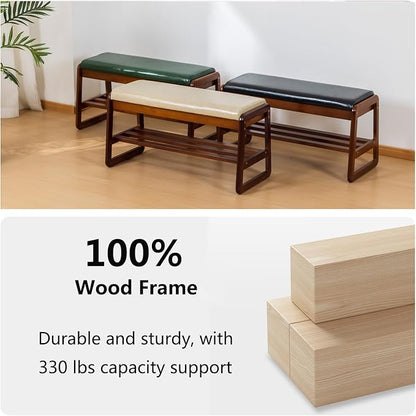 Solid Wood Shoe Bench, 2-Tier Entryway Bench with Cushion and Flip-Open Storage Box, Mid-Century Modern Shoe Bench Rack for Hallway, Mudroom(Green, 31.5'')