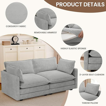 ROWHY 78'' Sectional 2 Seat Cloud Loveseat with 2 Throw Pillows, Modern Corduroy Love Seat, Cozy Sofa for Living Room, Office and Bedroom, Light Grey