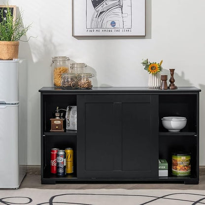 Costzon Sideboard Buffet Cabinet, Wooden Kitchen Storage Cabinet with Adjustable Shelf, Sliding Barn Door, Accent Coffee Bar Cabinet Console Table for Living Room, Dining Room, Hallway (Black)