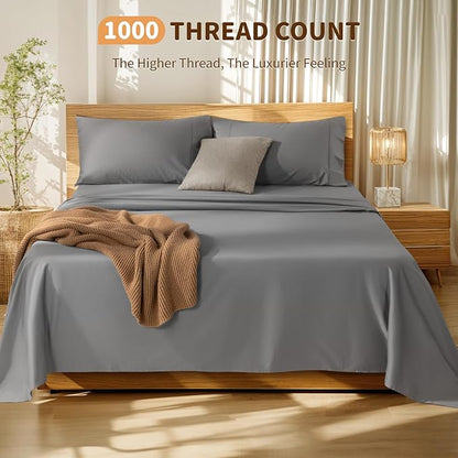 LBRO2M 100% Cotton Sheets Set Deep Pocket 19", 1000 Thread Count Full Size 4 Piece Bed Sheet Sets Soft Comfortable Bedding All Season (Full, Gray)