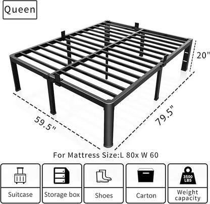 ROIL 20 Inch Queen Bed Frame with Rounded Corner and Headboard Hole Mattress Retainers 3500LBS Metal Heavy Duty Steel Slats No Box Spring Needed Platform Noise-Free Easy Assembly