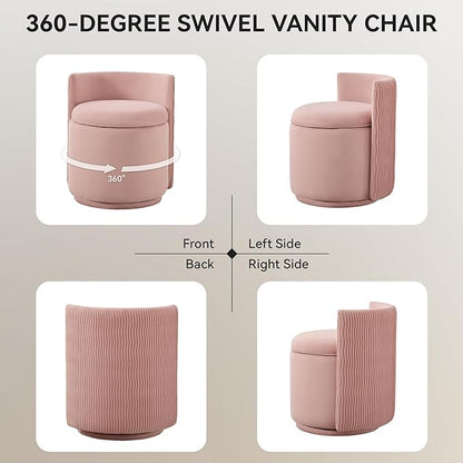 Velvet Vanity Chair with Storage, 360° Swivel Makeup Chair with Wave Back, No Assembly Small Accent Stool for Bedroom, Dressing, Living Room, Pink