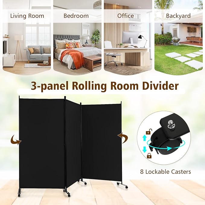 GOFLAME 3 Panel Folding Room Divider, 6FT Rolling Privacy Screen with Lockable Wheels, Portable Room Partition Screen, Freestanding Wall Divider and Separator for Home Office, Black
