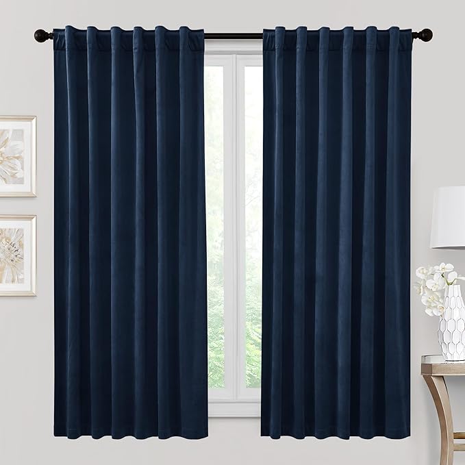 RYB HOME Velvet Curtains 72 inches Length, Back Tab & Rod Pocket Soft Fabric Curtains & Drapes for Bedroom Bathroom Cafe, Navy Blue, W 42 x L 72, 2 Panels Set