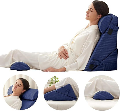 Bedluxe Adjustable 4pcs Bed Wedge Pillow Set, Memory Foam Wedges Pillow Post Surgery for Back, Neck, Leg Pain Relief, Pillows Wedge for Sleeping, Sitting up in Bed, Acid Reflux and GERD, Navy Blue