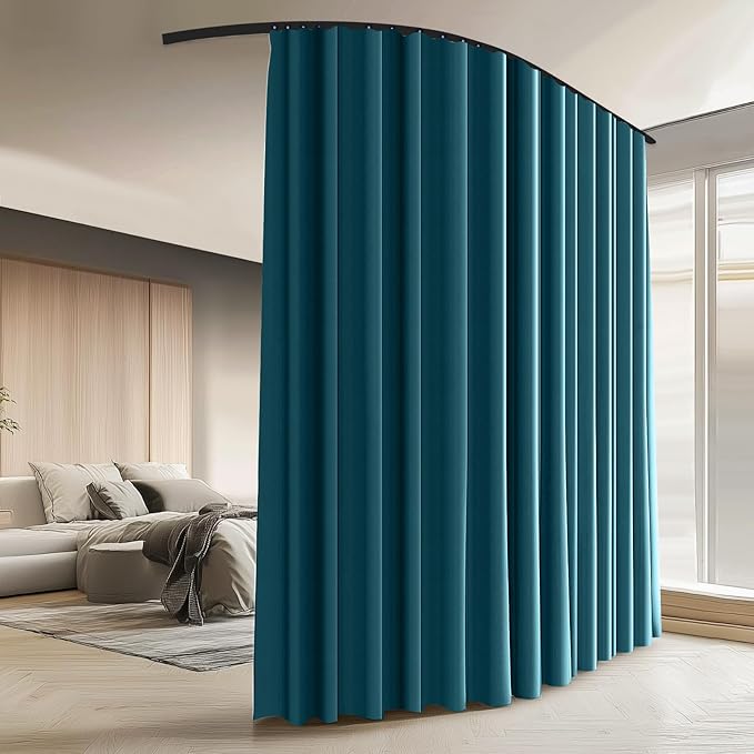 Room Divider Curtains with Ceiling Curtain Track Set Window Curtain for Bedroom,Living Room Total Blackout Thermal Insulated Privacy Ceiling Track Curtain W 6 × H 8 FT Azure Blue drape&Black track