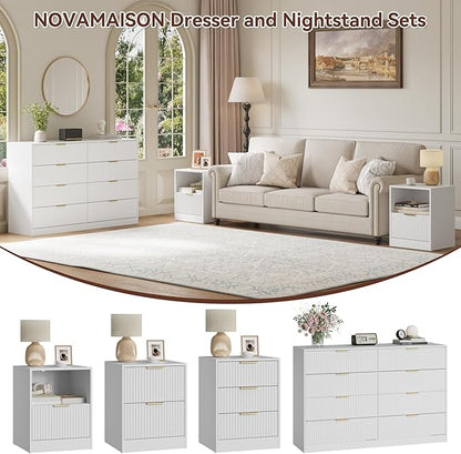 8 Drawer Dresser & Nightstand Set 3-Piece, 55” Wide Bedroom Set Night Stand Set of 2 with Metal Handle, Fluted Modern Wood Chest of Drawers Storage Dressers Set for Bedroom, White