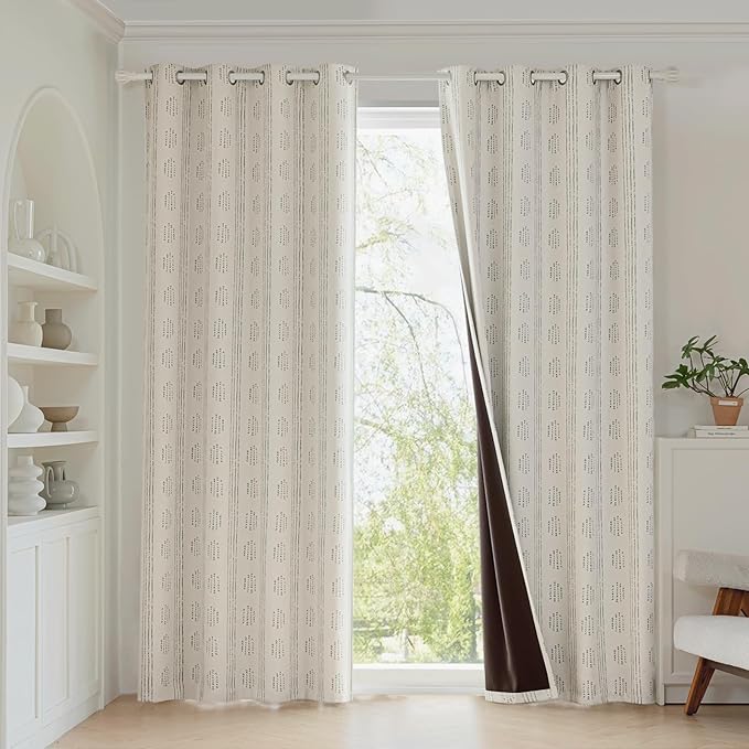 100% Boho Blackout Curtains 90 Inches Long for Bedroom, Grey on Beige Patterned Bohemian Curtains for Living Room, Geometric Striped Thermal Insulated Window Drapes Gromment Top 2 Panels