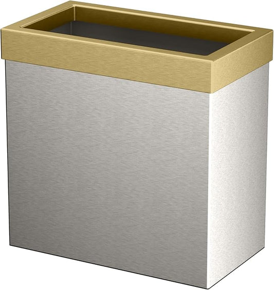 Gatco 1917B Modern Rectangle Waste Basket, Satin Nickel and Brushed Brass Combo - Stainless Steel Trash Can with Removable Lid, Leakproof, 3 Gallon Capacity for Bathroom, Bedroom, Kitchen, or Office