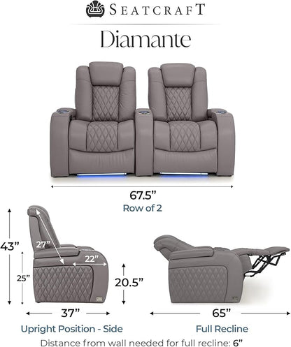 Seatcraft Diamante Zero-Gravity CoolZero Italian Leather Home Theater Seating, Power Headrest, Power Recline, Row of 2, Gray
