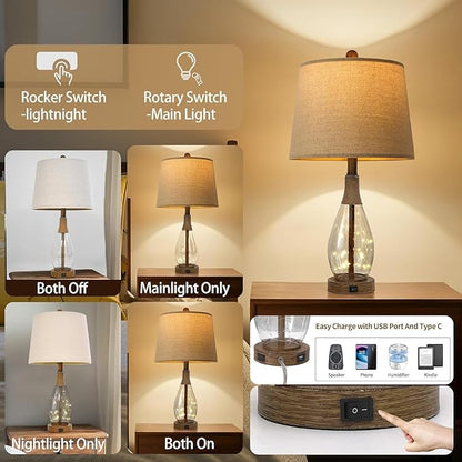 OYEARS Bedside Table Lamps Set of 2 with USB, Modern Bedside Lamps Retro Farmhouse Rattan Glass Nightstand Nightlight Lamps for Bedroom Living Room Dorm,Two Light Points