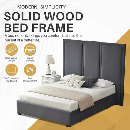 YUHUASHI Queen Size Bed Frame with 64-inch High Headboard, Simple and Airy Linen Upholstered Platform Bed with Storage Drawers, Wood Slat, No Noise (Grey, Queen (U.S. Standard))