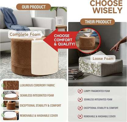 Tiita Pouf Ottoman and Foot Rest, Round Foam Stuffed Floor Pouf with Storag for Living Room, Brown