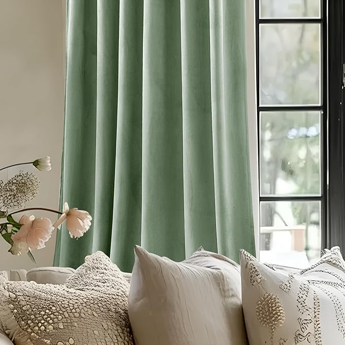 Sage Green Velvet Curtains 102 Inches Long for Bedroom, Super Soft Room Darkening Thermal Insulated Curtains Luxury Window Drapes for Living Room Nursery, Back Tab Rod Pocket, W52 x L102, 2 Panels