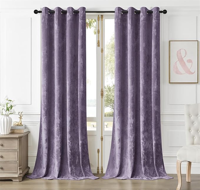 SMILETIME Lilac Purple Crushed Velvet Curtains 52x108 inch Luxurious Thermal Insulated Soundproof Drapes for Living Room Bedroom Office Soft and Durable Light-Filtering Window Treatments, 2 Panels
