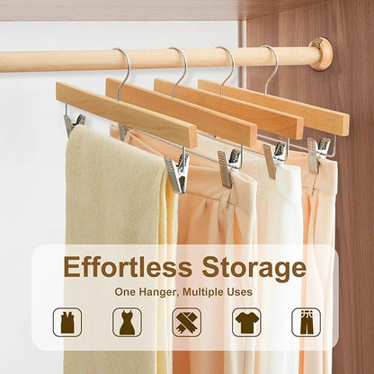 BAGAIL 20 Pack Wooden Pants Hangers with Adjustable Clips, 360°Swivel Hook Space Saving Skirt Holders with Anti-Rust Clips for Trousers, Jeans, Shorts (Natural)