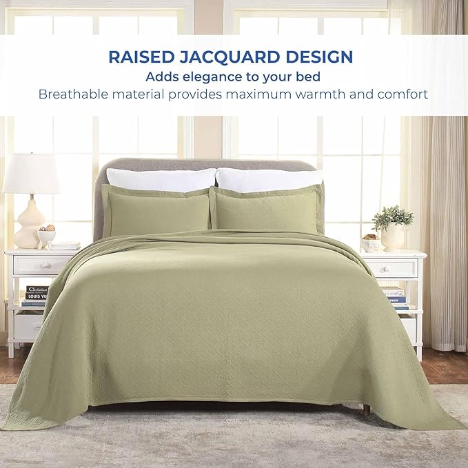 Superior 100% Cotton Basket Weave Bedspread with Shams, All-Season Premium Cotton Matelasse Jacquard Bedding, Quilted-Look Geometric Basket, King, Sage