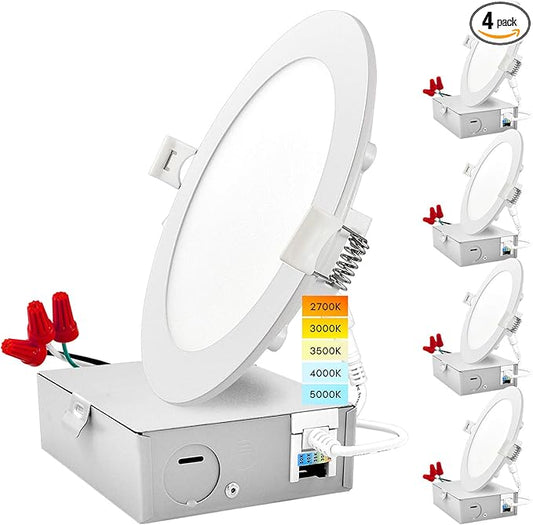 LUXRITE 6 Inch Ultra Thin LED Recessed Light with J-Box, 12W, Color Temperature Selectable 2700K | 3000K | 3500K | 4000K | 5000K, Dimmable Wafer Light, 1000 Lumens, Energy Star, IC Rated (4 Pack)