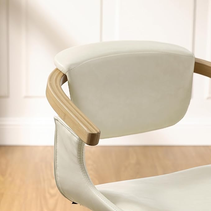 Art Leon Desk Chair No Wheels, Mid Century Modern Swivel Accent Chair, Faux Leather Home Office Desk Chair for Small Spaces Living Room Bedroom, Off White