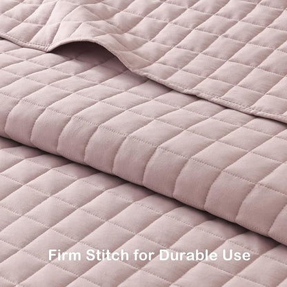 HORIMOTE HOME Dusty Pink Ruffled Quilt Set King Size, Classic Geometric Square Stitched Pattern, Pre-Washed Farmhouse Shabby Chic Microfiber Lightweight Bedding Set Bedspread Coverlet for All Season