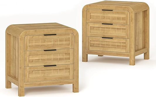IKENO Wood Nightstand Set of 2 with 3 Storage Drawer, 21" Wide Night Stand with Curved Profile Design, Bedside End Table for Bedroom, Living Room, Closet (2, Natural Oak, 3 Drawer)