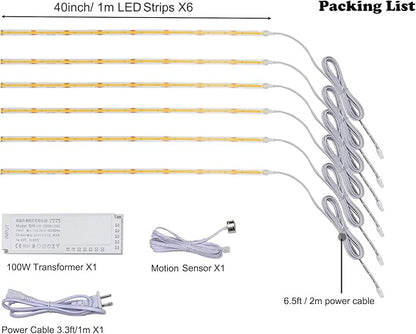 Under Cabinet Lighting,COB LED Motion Sensor Cabinet Light Indoor Closet Lights Kitchen,Stairs,Hallway,Pantry Light (Warm W hite 3000K, 6 * 40inch CO B LED Strips)