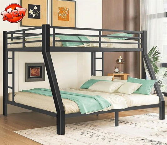 Upgraded & Stronger Heavy Duty Metal Queen Over King Bunk Bed for Adults & Teens, Thickened More Stable Safer Bunkbeds (Greater Weight Capacity) (Queen Over King)
