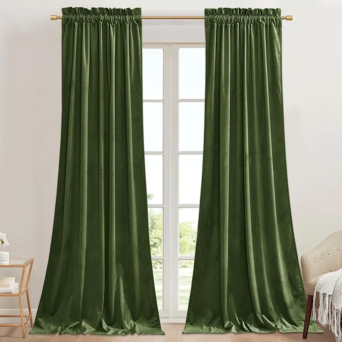 StangH Soft Velvet Bedroom Curtains 96 inches Long Moss Green Christmas Home Decoration Light Blocking Thermal Insulated Sliding Door Panels for Office, W62 x L96, 2 Panels