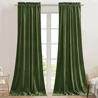 StangH 62 inches Wide Green Velvet Curtains for Bedroom, Luxury Room Darkening Noise Reducing Window Treatment Moss Green Christmas Curtains for Doorway/Office, W62 x L90, 2 Panels