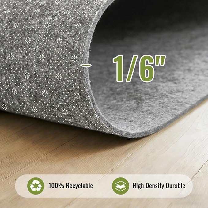 Felt Rug Pad with Gripper Dots, 5x7 Ft Non-Slip Rug Underpad with PVC Backing, 1/6" Thick Cushioned Carpet Pad Gripper for Hardwood Floors, Vinyl & Tile, Under Rug Padding Floor Protection