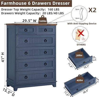 Farmhouse 6 Drawer Dresser for Bedroom, 41" Tall Small Dressers & Chest of Drawers, Rustic Wood Dresser with Metal Handle, Storage Organizer Closet for Living Room, Hallway, Entryway