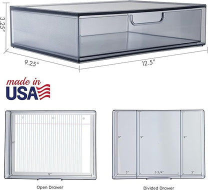 STORi STAX Plastic Stackable Organizer Drawers (Set of 2) Classic Grey | 12.5" Wide | Set Includes One Open Drawer & One Divided Drawer | Organize Office Desk Accessories & Sort Paper | Made in USA
