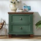 Farmhouse Nightstand with Charging Station, Rustic Low Night Stand with 2 Drawers, Mid-century Modern End Table with 4 Square Solid Wood Legs, Small Vintage Dresser for Bedroom, Home, Green