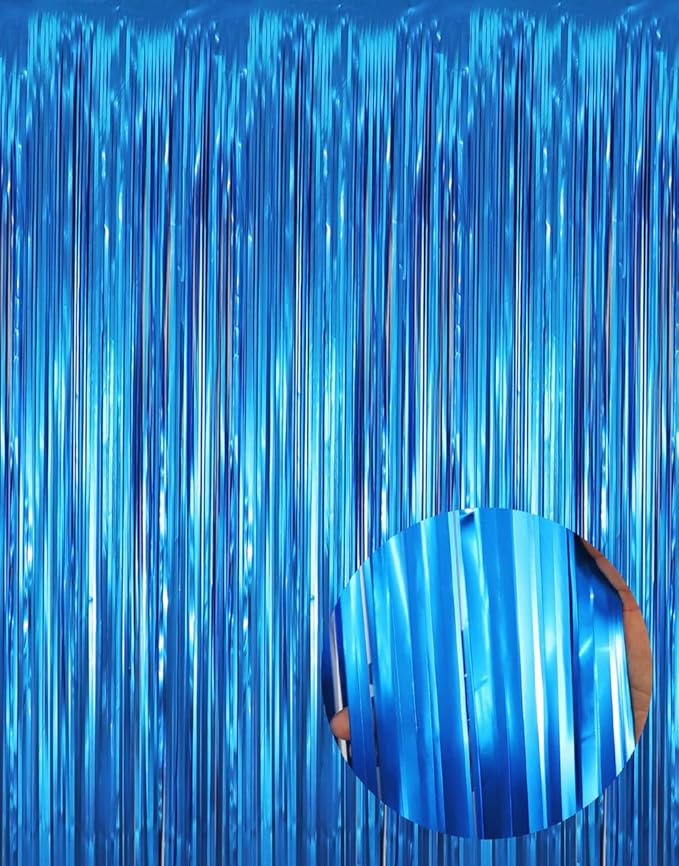 GOER 3.2 ft x 9.8 ft Metallic Tinsel Foil Fringe Curtains Party Photo Backdrop Party Streamers for Birthday,Graduation,New Year Eve Decorations Wedding Decor (3 Pcs,Matte Blue,Thick Material)