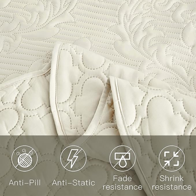 CHIXIN Bedspread Coverlet Quilt Set Full Size - Lightweight Bedding Cover - Ultrasonic Quilting - 5 Piece Reversible Bedspread - Elegant Damask Paisley Pattern (Full, Ivory)