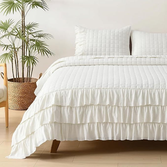 HORIMOTE HOME Ivory Ruffled Quilt Set Queen Size, Classic Geometric Square Stitched Pattern, Pre-Washed Farmhouse Shabby Chic Microfiber Lightweight Bedding Set Bedspread Coverlet for All Season