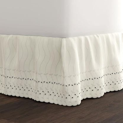 Fresh Ideas Eyelet Bed Skirt, Ruffled Design, 14 Inch Drop, Embroidered Scalloped Edge, Queen, Ivory