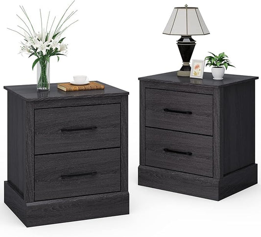 Giantex Farmhouse Nightstand Set of 2, Wood Bedside Table with 2 Storage Drawers, Compact Floor Night Stand End Table, Accent Sofa Side Table for Bedroom, Grey Oak