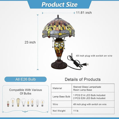 Tiffany Table Lamp 3 Lights Dragonfly Stained Glass Table Lamp Victorian Mother-Daughter Vase Bedside Lamp with Night Light for Bedroom Living Room Home Coffee Decor,11inch