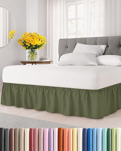 Wrap Around Dust Ruffle Bed Skirt - Sage Green - for Queen Size Beds w/ 16 Inch Drop - Easy Fit Elastic Strap - Adjustable Pleated Bedskirt with Brushed Fabric, Wrinkle Free Women, Men, Kids and Teens