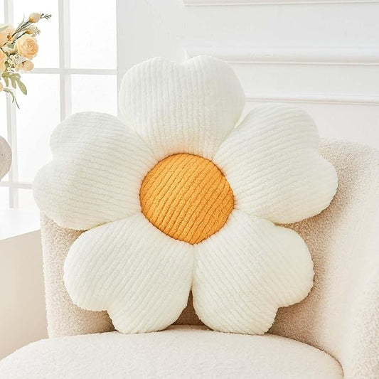 Kcvvcr Flower Throw Pillow, Cute Flower Shaped Pillow Decorative Throw Pillow for Bed Couch, Soft Daisy Pillows Floor Seating Cushion Cushions (19.6 Inch White+Yellow)