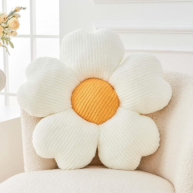 Kcvvcr Flower Throw Pillow, Cute Flower Shaped Pillow Decorative Throw Pillow for Bed Couch, Soft Daisy Pillows Floor Seating Cushion Cushions (14.9 Inch White+Yellow)