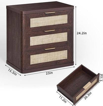 LEYAOYAO Rattan Night Stand Set of 2 with Drawers, 23" Large 3 Drawer Boho Nightstand, Walnut Bedside Table Storage Cabinet, Bed Side End Tables Dresser for Bedroom, Living Room, Hallway, Closet